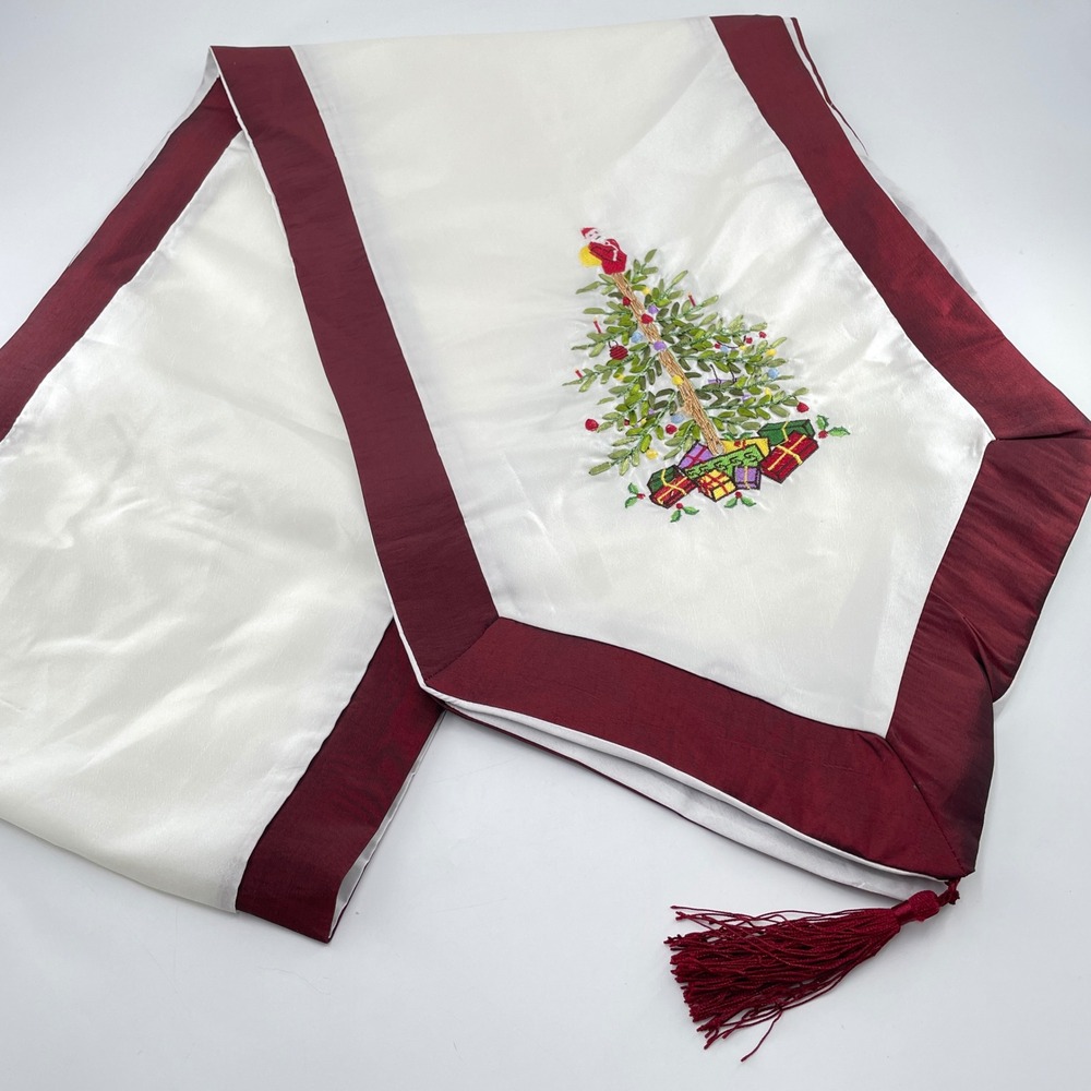 Portmeirion Pimpernel Christmas Table Runner Embroidery Tree Tassels 87 x 12 in
